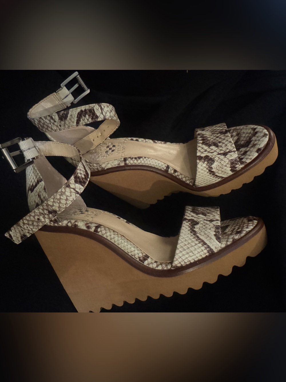 Vince Camuto Cream and Brown Snake-Print Platform Wedge Sandals - Picture 2 of 5